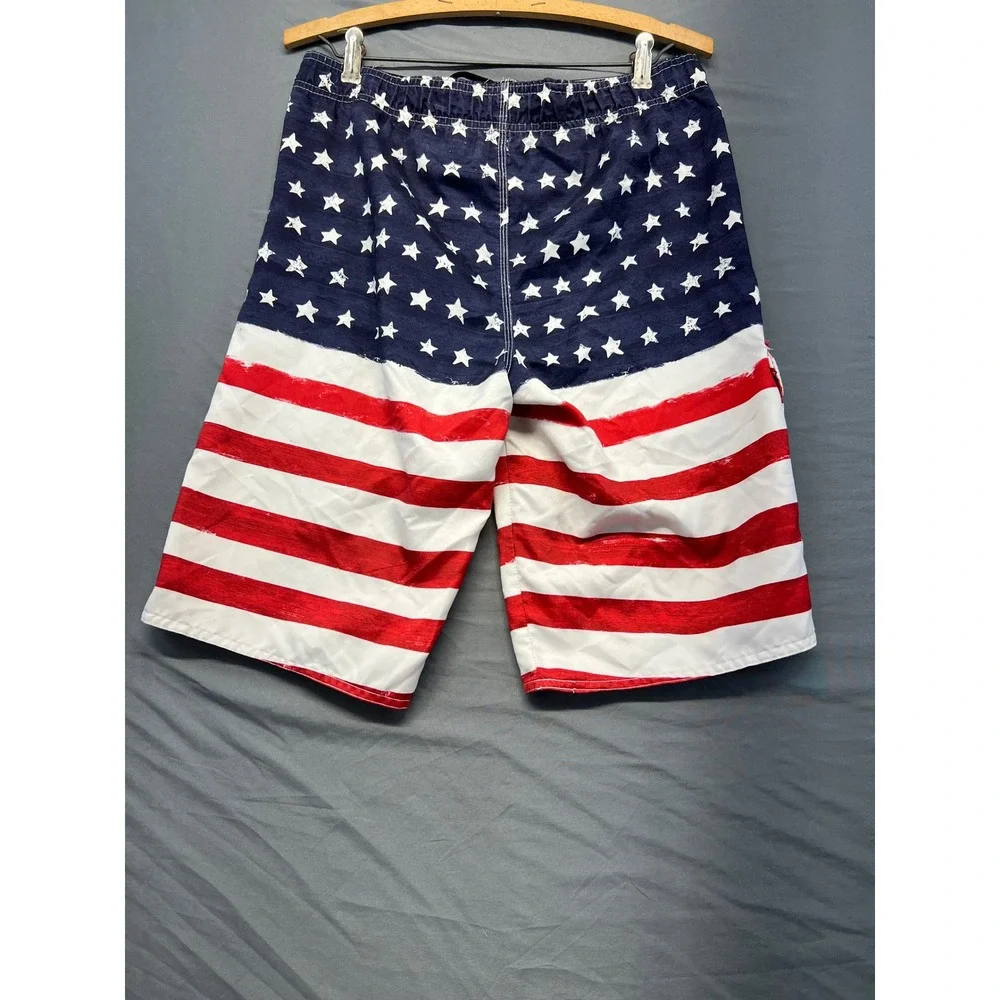 Hang Ten Board Shorts Mens Large Red White Blue Good American Flag Swim Trunks